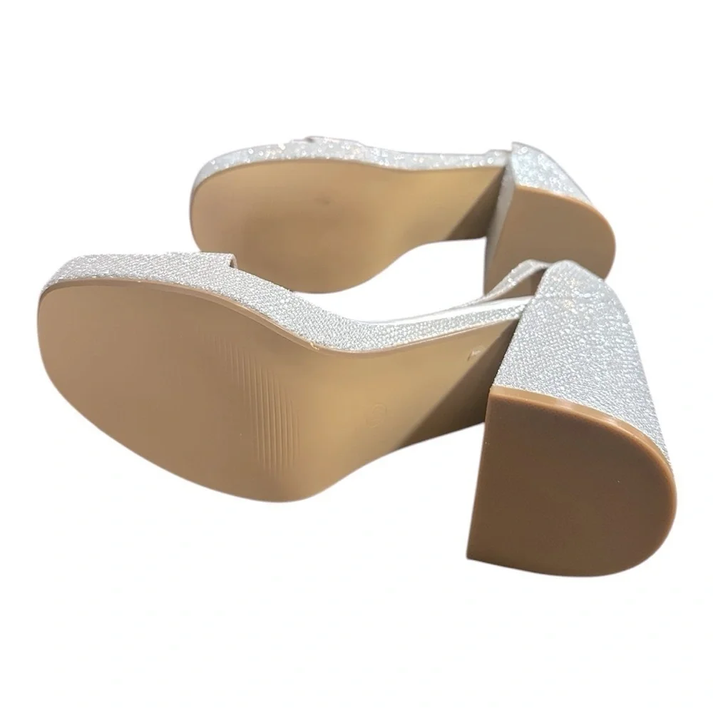 IDIFU Silver Glitter Block Heels | Square Toe Ankle Strap Sandals |Size 7.5, 8.0